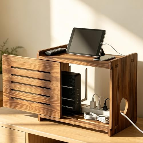Rkixlix Caja Router de Madera Maciza Armario WiFi Oculta Cables Enchufes | Con Cubierta Deslizable, para Módem, TV Set Top Box y Cargadores, Oculta Cables y Enchufes, Con orificios de ventilación