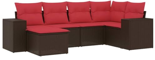 QJBSAVVA 6-teiliges Gartensofa Set aus Polyrattan, Lounge Set für Garten Terrasse Balkon, Modulare Gartenmöbel mit Roten Kissen, Braunes Rattan Sofa mit Hocker und Sitzkissen