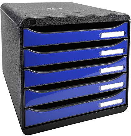Exacompta 3097203D Premium Ablagebox mit 5 Schubladen für DIN A4+ Dokumente. Stapelbare Schubladenbox mit hoher Kapazität für mehr Platz auf dem Schreibtisch Big Box Iderama Schwarz|Königsblau