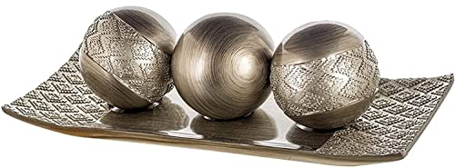 Creative Scents Dublin Decorative Tray and Orbs Balls Set - Centerpiece Bowl with Balls for Dining Room Table, Rustic Decorated Spheres Kit for Living Room Coffee Table, Gift Boxed (Brushed Silver)