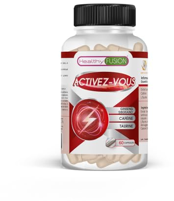 Healthy Fusion Activez-Vous | Caféine + Taurine + Ginseng Sibérien | Augmente l'énergie et améliore la performance cérébrale | Pilules pour l'énergie | Élimine la fatigue et la lassitude | 60 gélules