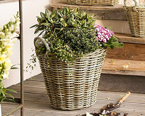 Dekoleidenschaft Rattan Pflanzkorb Rustikal rund, groß, grau, Outdoor Blumentopf, Pflanzkübel, Pflanztopf für Draußen, Blumenkübel, Blumenkasten, Pflanzkasten (Ø 45x40 cm)