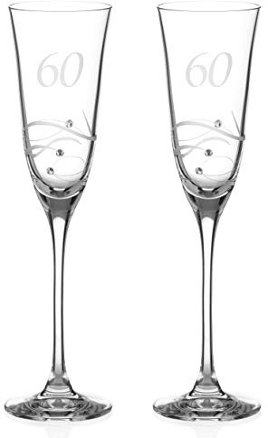 DIAMANTE Swarovski 60th Birthday or Anniversary Champagne Glasses – Pair of Crystal Champagne Flutes with Hand Etched “60” with Swarovski Crystals
