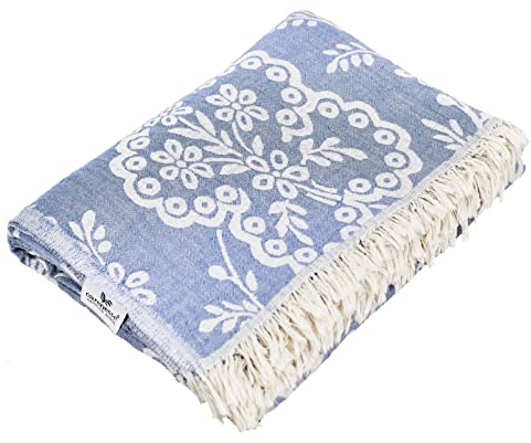 Carenesse Couvre-lit Motif Cachemire Bleu, 150 x 200 cm, 100% Coton, léger et Fin, Belle Couverture à Franges, jeté de lit, Couverture pour canapé, Nappe, Couverture décorative