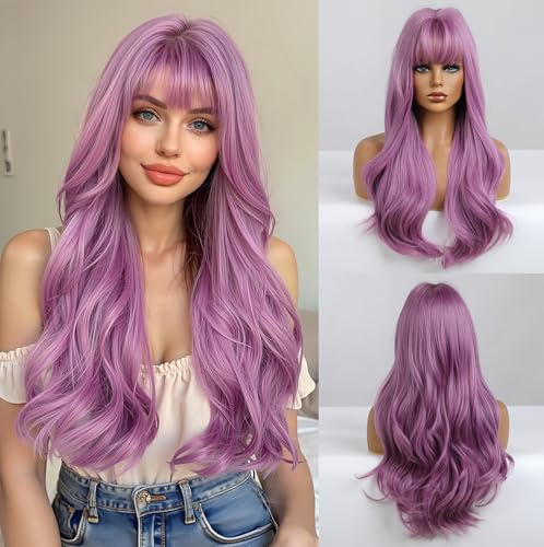 Esmee 26 tum lång lila peruk med pannor Naturligt syntetiskt hår vågiga peruker för kvinnor Daglig fest Cosplay Wear