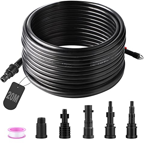 SWAWIS Mangueras para Limpiadoras a Presión 20M 180 Bar Manguera de Drenaje con 5 Adaptadores para Limpiador de Alta Presión Kärcher/Lavor/Interpump/Bosch