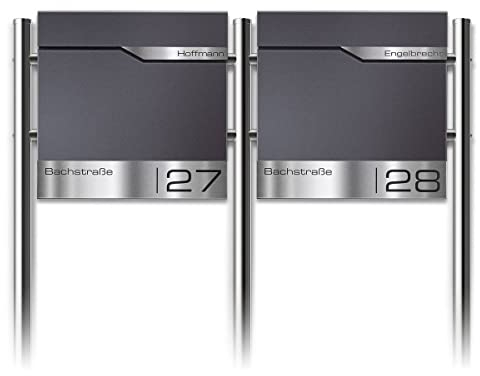 Metzler Standbriefkasten für Mehrfamilienhaus 2er in Eisenglimmer DB703 – Freistehender Doppelbriefkasten für 2 Familienhaus mit Zeitungsfach und Edelstahl Standfüße –Lesergravur – Modell Siebert