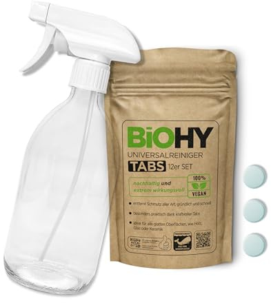 BiOHY Universalreiniger Putzmittel Tabs (12er-Set) + Glas Sprühflasche | nachhaltige Allzweck-Tabletten zum Auflösen | Haushaltsreiniger | mikroplastikfrei | Küchen-, Bad- & Glasreiniger