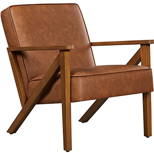 Yaheetech Fauteuil de Salon en Similicuir Fauteuil d’appoint avec Cadre en Bois Pieds et Accoudoirs en Forme de Z Siège de Bureau Chambre Réception Brun Clair