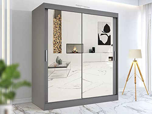 RAC3 Wardrobe for Bedroom with Mirrored Sliding Door & LED Light Premium Wardrobe Storage with Sleek Design comes in Colours Black/White/Grey/Oak & Different Sizes from 100cm - 250cm (Grey, 100cm)