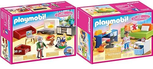 PLAYMOBIL Dollhouse 70207 Gemütliches Wohnzimmer, Mit Lichteffekt, Ab 4 Jahren & Dollhouse 70209 Jugendzimer, Ab 4 Jahren