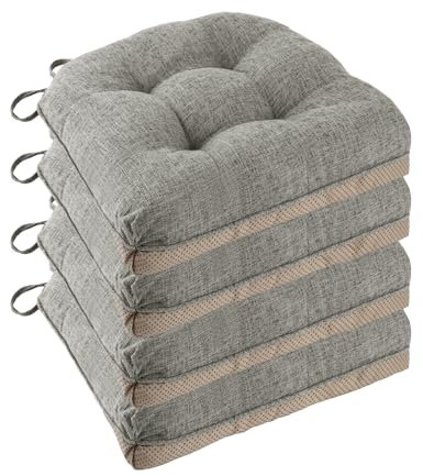 FlyGulls Non Slip Chair Cushions for Dining Chairs Set of 4 Kitchen Chair Cushions 18x18x3 Turfted Chair Pads Comfortable and Soft Seat Cushion with Ties, Light Grey