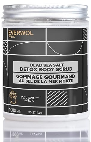 EVERWOL Döda havssalt vitaliserande kroppsskrubb 1 000 g, exfolierande och näringsrik, rik på naturliga mineraler, perfekt för alla hudtyper (KOKOLJA OCH Avokado)