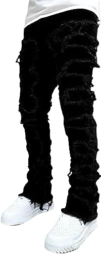Vagbalena Jeans Strappati da Uomo Jeans Strappati Jeans Slim impilati Pantaloni Streetwear Jeans retrò Hip-Hop Slim Elasticizzati Jeans in Finto Denim (Nero,S)