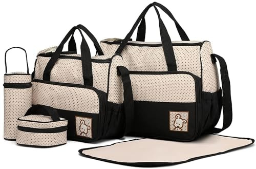 5er-Set Baby Wickeltasche Rucksack mit Multifunktions Babytasche Mama Wickelrucksäcke Baby Wickelumhängetaschen Handtasche Flaschenhalter mit Wickelunterlage für Reise (Schwarz)