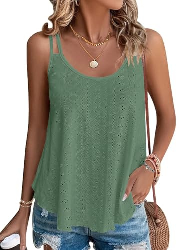 WNEEDU Camisetas sin Mangas de Verano para Mujer Chalecos sin Mangas para Mujer Top sin Mangas Loost Fit Camisas Casuales Chaleco Bordado con Ojales Blusas Cami Camisola