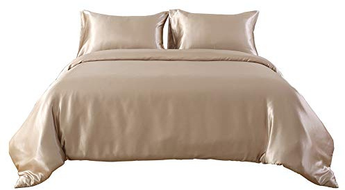 Satin Luxurious Soft Silk Like Satin - Oversize King Size Champagne 4 Piece Duvet Cover Set (1 Duvet Cover, 1 Fitted Sheet 20 Inches & 2 Pillow Cases) Zipper Closure Soft Duvet Set