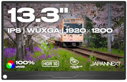 JapanNext Monitor Portátil 13.3 IPS WUXGA (1920x1200) | HDR | Altavoces Integrados HDMI DisplayPort USB-C Entrada Jack(x1) | G-Sync/FreeSync | JN-MD-IPS133WUXGAR