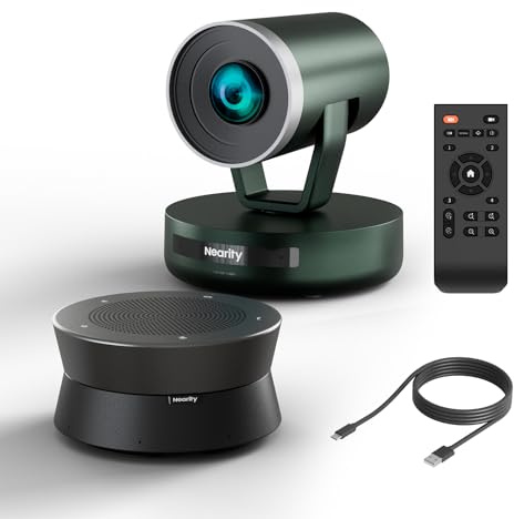 NEARITY Sistema de cámara de conferencia, cámara con zoom híbrido 10X, sistema de videoconferencia todo en uno, webcam PTZ 2K, altavoz de conferencia USB con micrófono para hasta 30 m², cancelación de
