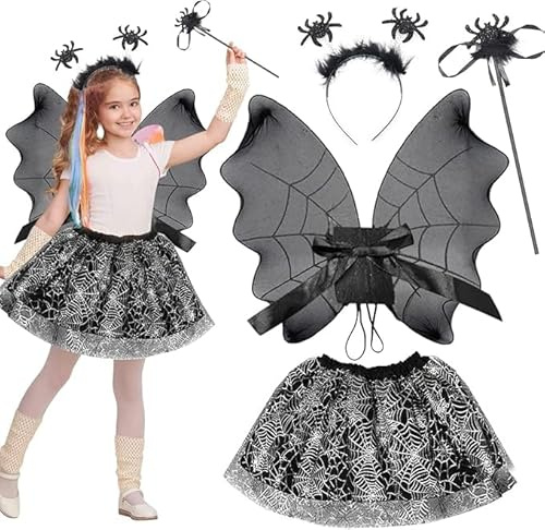 Halloween Spinne Kostüm Kinder, Hexenkostüm Kinder mit Fledermaus Flügel Rock Haarreif Zauberstab, Halloween Kostüm Kinder, Spinnenkostüm Mädchen für Cosplay Party Halloween Karneval (Schwarz)