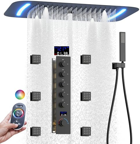 AYIVG Matte Black Shower System With Body Jets Thermostatic Shower System 64 Color LED Shower Set 16 x 26 Inch Embedded Ceiling Shower Head with Remote Control Temperature Display Shower Faucet Set