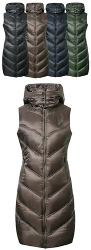 Covalliero - Damen Langweste | Longweste zum Reiten | Reitweste mit Reitschlitz | Steppweste mit Kapuze & 2 Taschen | wasserabweisende Winterweste | Reitbekleidung in Coffee | Größe XXL