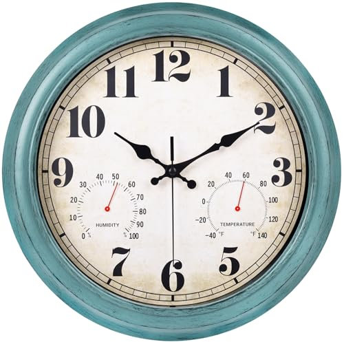 zyzamay Outdoor-Uhr mit Thermometer und Hygrometer, 33 cm, wasserdicht und leise, große, leicht ablesbare Ziffern, ideal für Schlafzimmer, Büro, Wohnzimmer, Veranda, Garten, Pool (Grün)