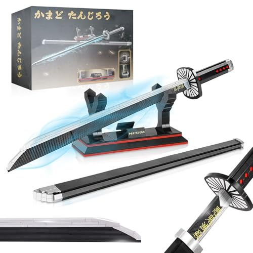 Hengrongshen Katana Demon-Slayer, 100cm Épée Tanjiro Kamado en Briques de Construction Style Ideas, Kit de 790 Pièces avec Support et Gaine, Cosplay Manga Cadeau Décoratif pour Adultes et Enfants
