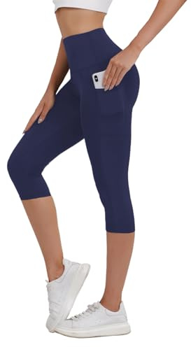 Merlvida Legging 3/4 Femme Taille Haute Pantalon Sport Capri avec Poches Pantacourt Été Extensible Opaque Leggings Court Push Up Cyclisme Yoga Fitness