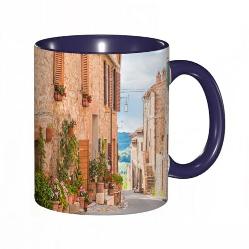 EKLMPS Tazas de Café,Taza de Cerámica para Té y Café,330ml/11oz,Regalos original,Aniversarios,nupical,desayuno,Románticos,El casco antiguo medieval de la Toscana, Italia