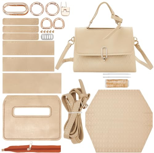 WADORN DIY Nähset Für Handtaschen Aus PU Leder Kit Zur Herstellung Einer Clutch Mit Karomuster Für Damen DIY Umhängetaschen Aus PU Leder Zum Selbermachen von Taschen 26x8.5x18cm Weizen