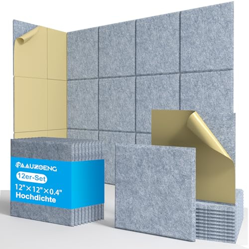 Självhäftande akustiska paneler 30 x 30 cm • 12 premium bullerdämpande paneler 9 mm • komplett kit för studio podcast/hemmabio/streamingrum • Omedelbar ljudabsorption (1,08 m²)
