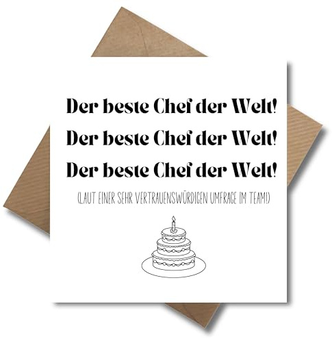 WBdesignz Geburtstagskarte „Der beste Chef der Welt“ mit Umschlag – Lustige Karte fürs Büro zum Chef-Geburtstag – Teamkarte mit Spruch & Torte quadratisch (125 x 125 mm)