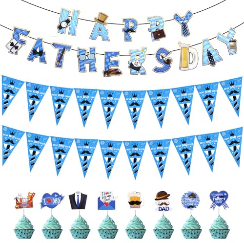 Fathers Day Decorations Include 10m 20Flags Best Dad Decoration Banner, 1 PCS Fathers Day Bunting, 8Pcs Happy Father's Day Cupcake Toppers for Happy Father's Day Theme Party Cake Decorations Supplies