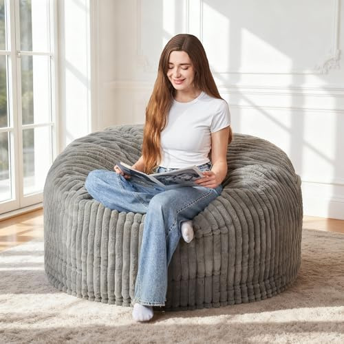 HABUTWAY 3FT Bean Bag Chair, 3' Large Bean Bag Chairs for Adults with Stripe Plush Cover, Memory Foam Beanbag Chair for Living Room Bedroom Dorm，Grey
