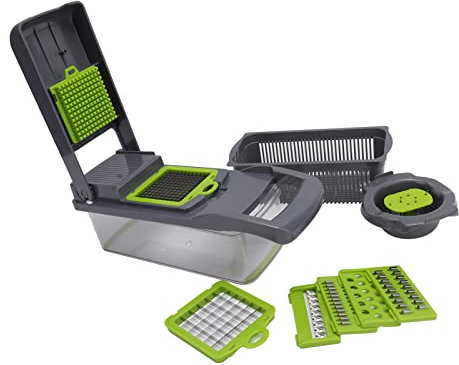 Baxnore Vegetable Chopper Grater Set Stainless Steel, 12 in 1 Vegetable Cutter for Potato Carrot Onion Cheese, Dishwasher Safe with Storage Case, 32 cm Kitchen Tool (Gray Green)