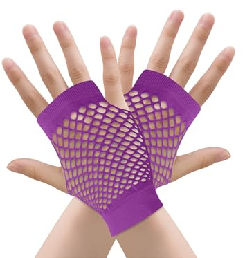 TECDW 2 Paires de Gants à Doigts Ouverts en Résille pour Femmes, Gants Élastiques Respirants en Filet, Netz Armstulpes pour Cosplay, Fêtes de Noël et Tenues de Scène(Court,Violet)