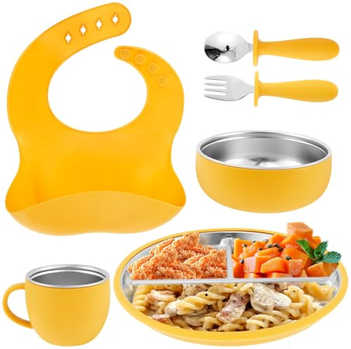 Set di 6 piatti a ventosa per bambini in acciaio inox con forchette, cucchiai, tazza, ciotola e bavaglini, piatti divisi per bambini con ciotole in silicone rimovibili e cinghie regolabili
