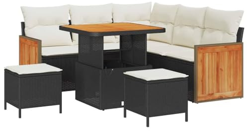 vidaXL 8-teiliges Gartensofa-Set mit Kissen in Schwarz aus Poly-Rattan und Akazie. Wetterfeste Außenmöbel für 5 Personen. Modulares, modernes Loungeset mit verstellbaren Armlehnen für die Terrasse.