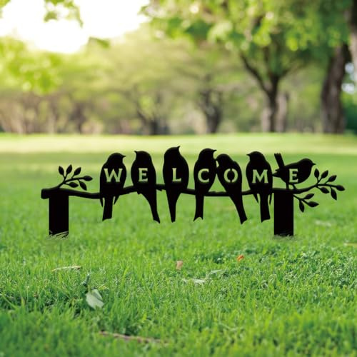 SUPERDANT Vogel Willkommens Gartendekoration Aus Metall Vogel Auf Einem Ast Gartenornament Schwarze Außendekoration Tierpfähle Dekorative Metallwandkunst Für Rasen Und Terrasse Geschenk Für Gärtner
