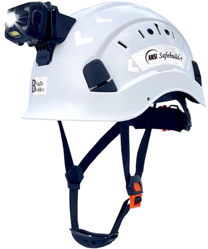 SAFEBUILDER Safety Hard Hats with Headlight Lightweight Breathable Vented Safety Helmet with Headlamp for Construction Industrial Outdoor Work Head Protection ANSI Approved (White+SHL01)