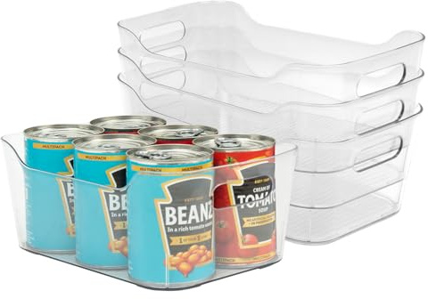 Amtido Clear Plastic Organiser Storage Medium, 4 Pack (24.5 x 10.5 x 17.2 cm) – Durable BPA-Free PET Fridge Organisers with Handles - Nestable Tray Storage for Kitchen, Fridge, Pantry, Bathroom