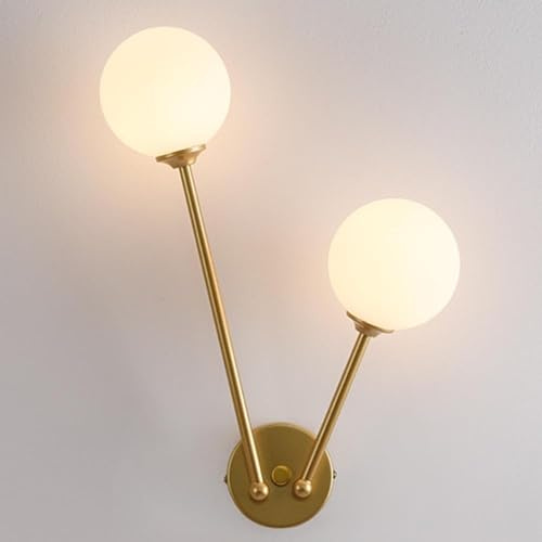 Mid Century Globe Wall Sconces, 2-Lights d Bathroom Wall Light with White Glass Shade, Brushed Metal Wall Lamp, European Modern Wall Lantern for Bedroom Bedside Doorway G9 Light Source