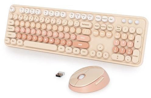 Vumilstek Cute Keyboard and Mouse Combo Wireless, 2.4G Full Size 104-Key Retro Typewriter Keyboards Round Keys for Students Teenagers Home Office PC Laptop(Diary Milk Tea)