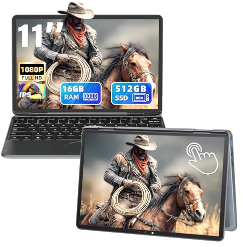 11 Inch 2-in-1 Touchscreen Laptop Gray , 16GB DDR4 RAM, 512GB SSD, N95 Processor up to 3.4GHz, FHD (1920x1200) IPS Display, Facial Recognition, Backlit KB, USB-C Notebook PC for Students Travel Work
