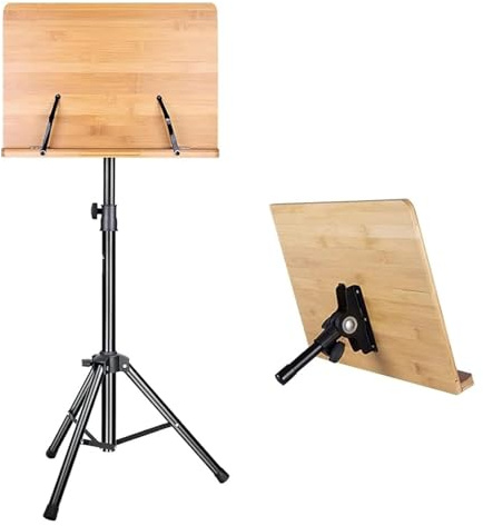 Bambus Notenständer, Holz Notenständer, Klappbarer Buchständer mit verstellbarem Winkel, verdickter Stahlrohrhalterung und Musikklemmen