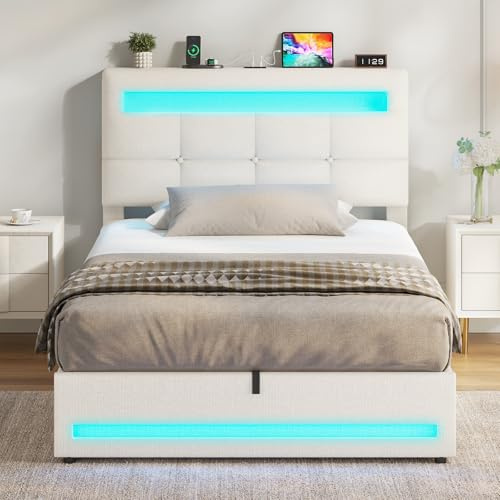 AOGLLATI Polsterbett 90 x 200 mit LED Beleuchtung und Ladestation, jugendbett mit Höhenverstellbares Kopfteil und Stauraum, Hydraulisches Bett 90 x 200 cm,Lattenrost, Linen,Ohne Matratze, Beige