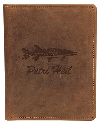 Greenburry Schreibmappe mit Petri Heil Motiv I DIN A5 Leder-Konferenzmappe mit Fische Motiv I Geschenk für Angler