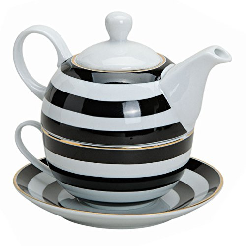 Tea for One Tee Set 3-teilig Porzellan Teekanne Teetasse und Untertasse schwarz weiß Streifen