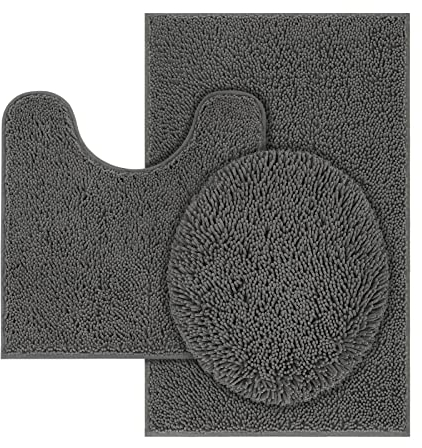 TREETONE Chenille-Badematte, 3-teiliges Badezimmerteppich-Set, 50.8x50.8 cm, U-förmig, konturierte WC-Vorleger, 50.8x81.2 cm Teppich und 1 Deckelbezug, weiche, Dusche und Badezimmer, Anthrazit